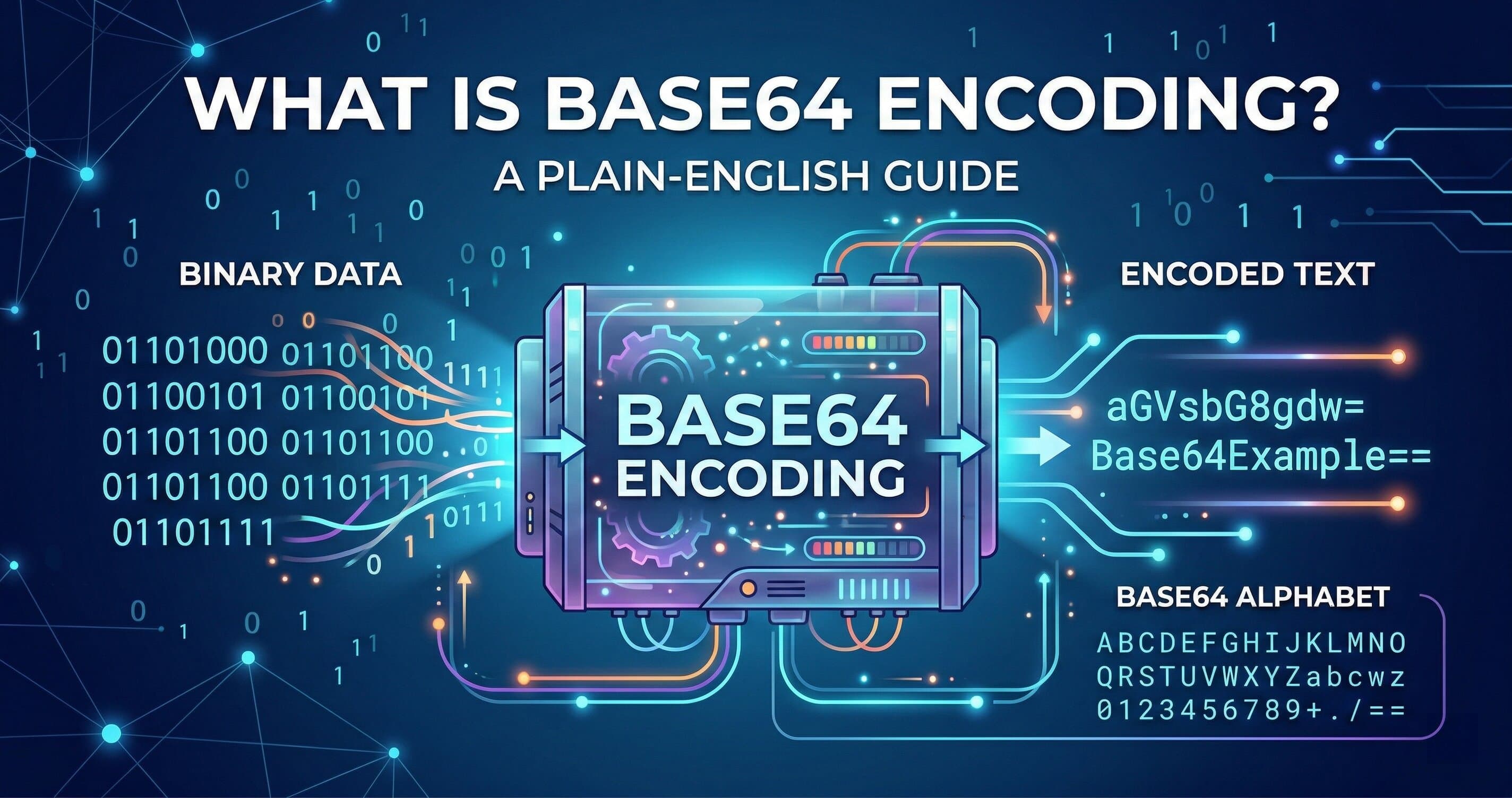 Base64 encoding concept showing binary data being converted to readable text characters