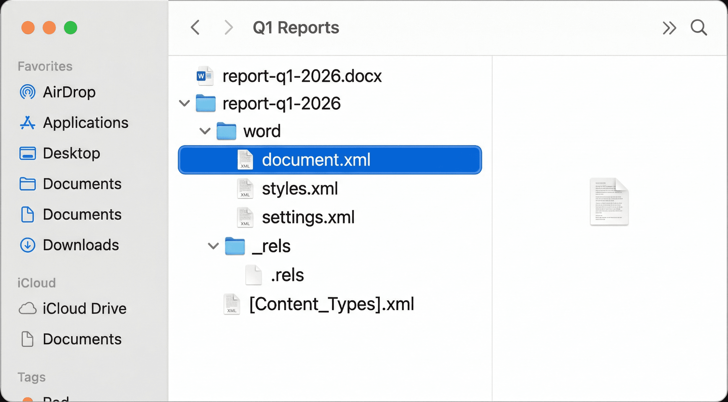 Word DOCX file unzipped showing document.xml and other XML files inside