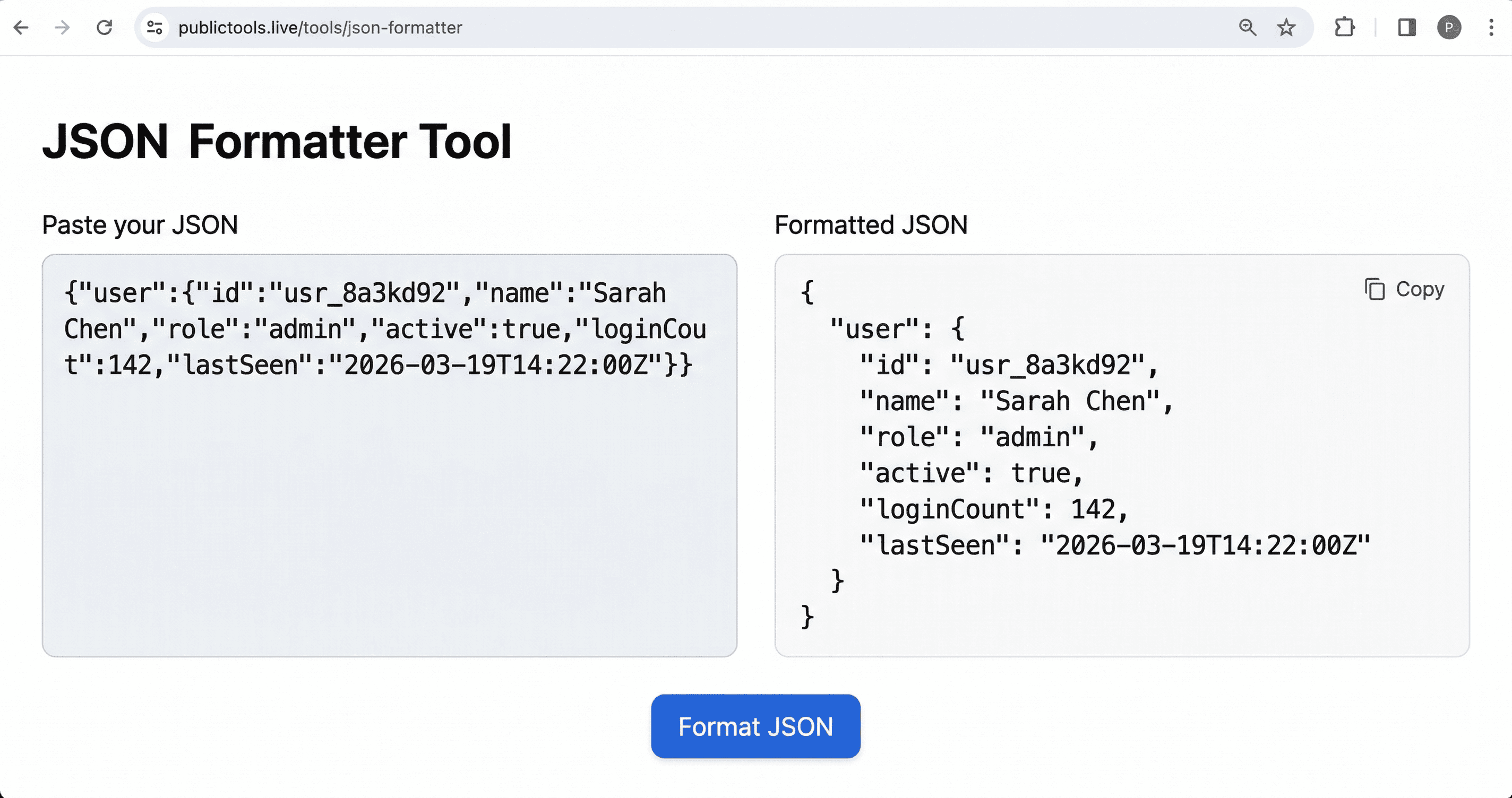 JSON formatter tool showing a user object being formatted with clean indentation