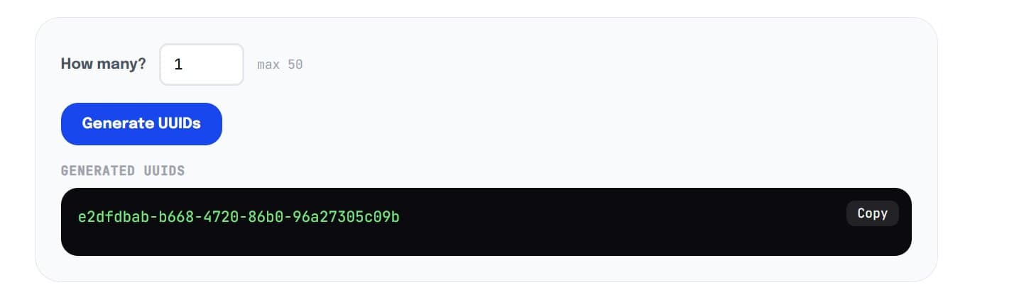 Free UUID generator tool showing a generated version 4 UUID ready to copy