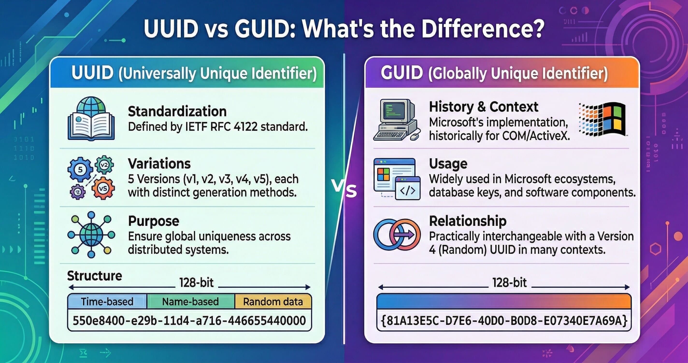 UUID vs GUID explainer showing a unique identifier string broken into its five parts